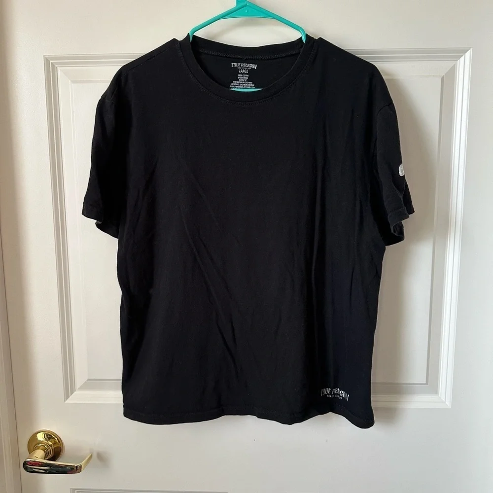 True Religion V-Neck Black Silver Logo T-Shirt Mens Large